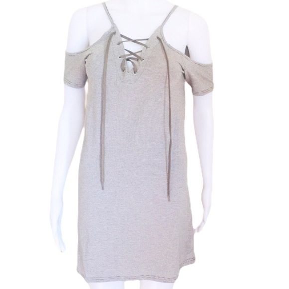 POOF! (Nordstrom) Cold Shoulder Mini Dress With Lace Up Detail Grey Stripe Large - Picture 3 of 13